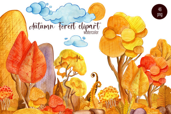Autumn Landscape Watercolor Clipart