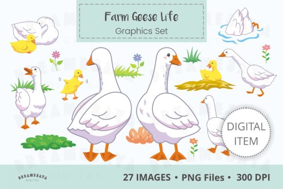 Farm Geese Life Png Clip Art Set: Elevating Digital Design with Hand-Drawn Charm