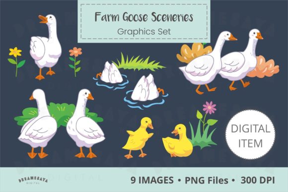 Farm Geese Sceneries Clip Art for Creators